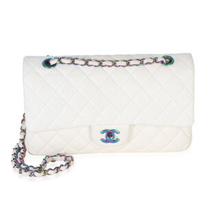 Chanel White Quilted Caviar Rainbow Medium Classic Double Flap Handbag